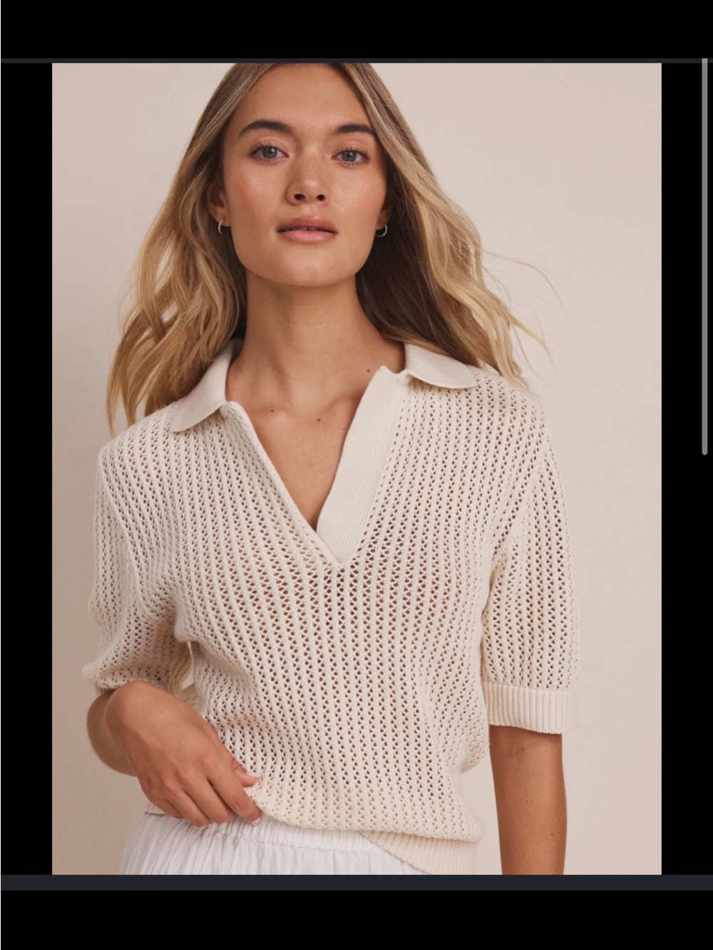 Everlane Cream Open-Knit V-Neck Polo Sweater
